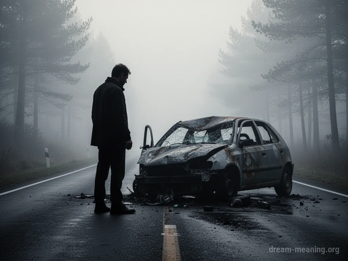 Silhouette of a father figure near a damaged car on a foggy road.