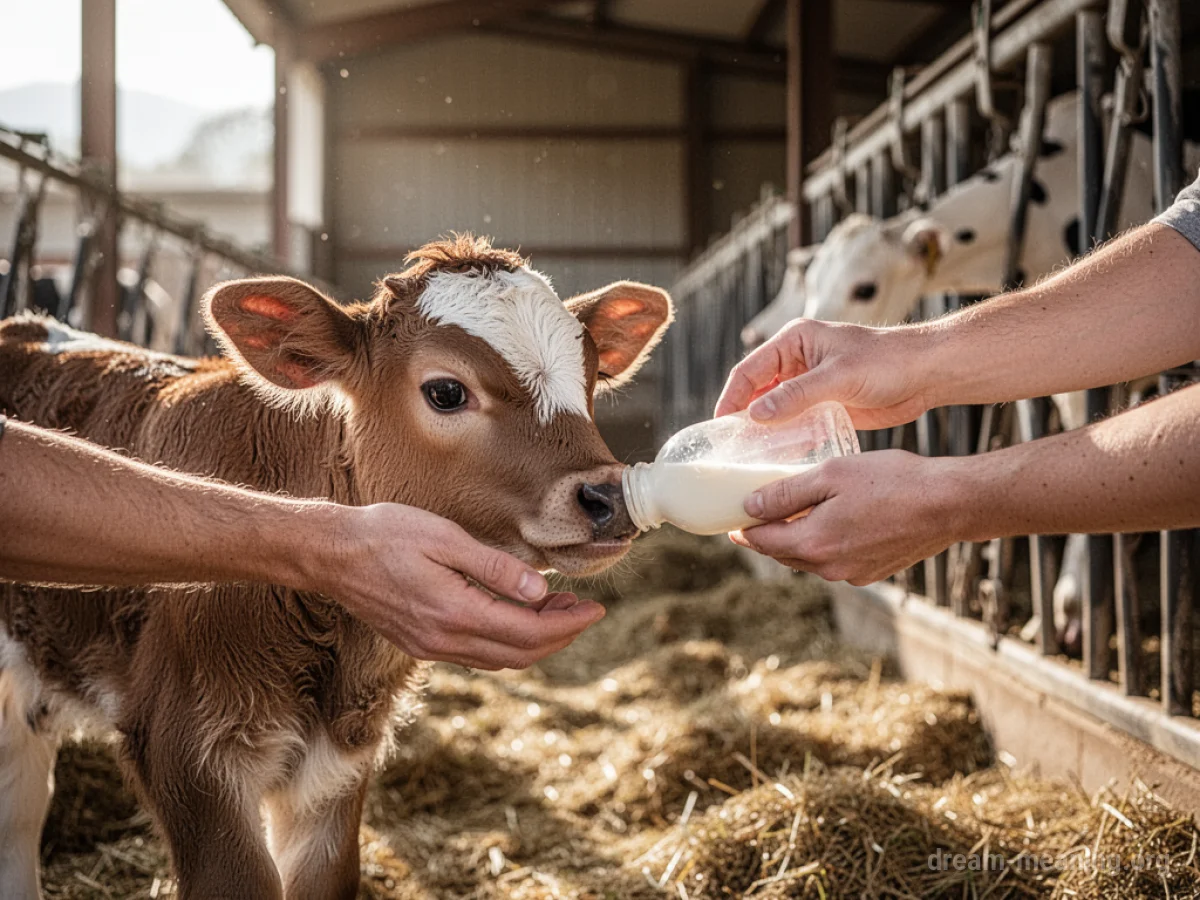 Hands feeding a baby calf with a bottle.