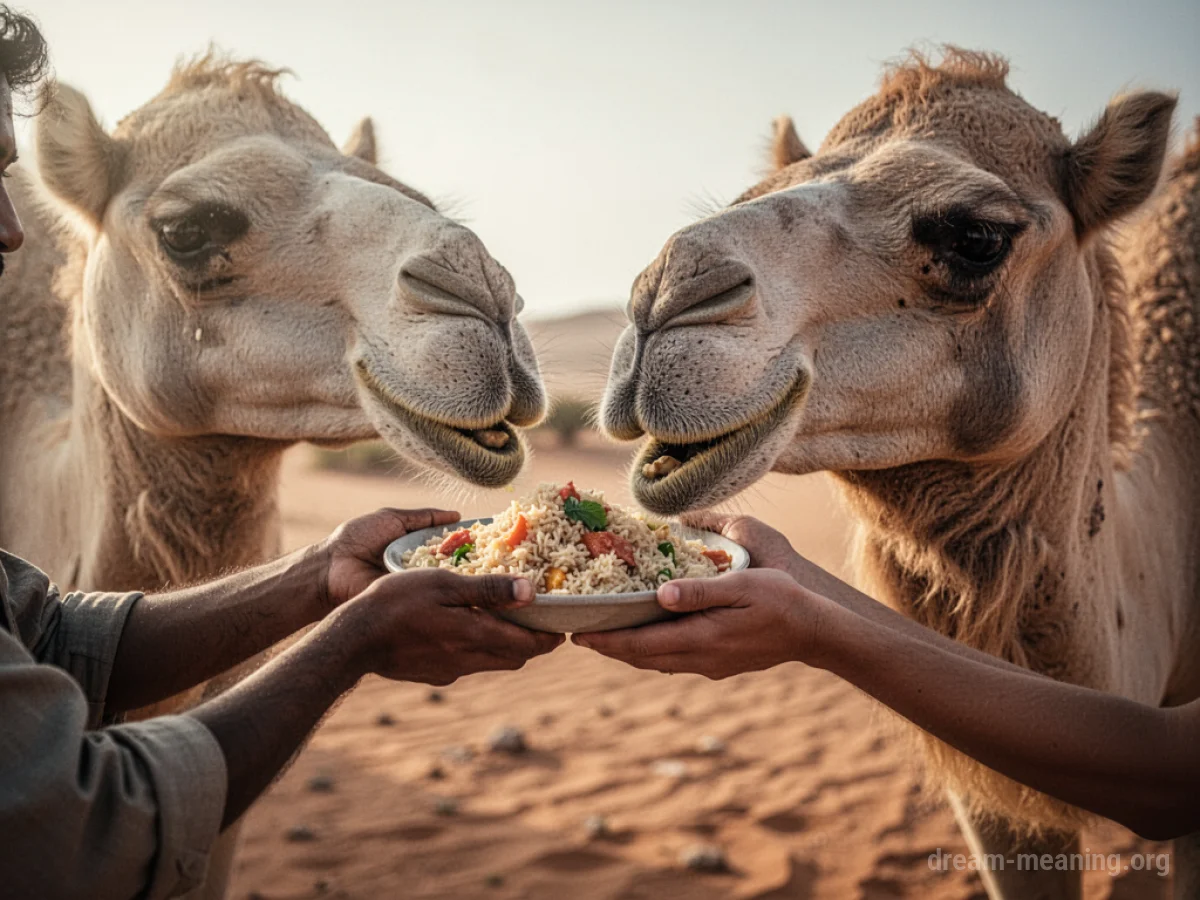 Hands offering food to a camel.