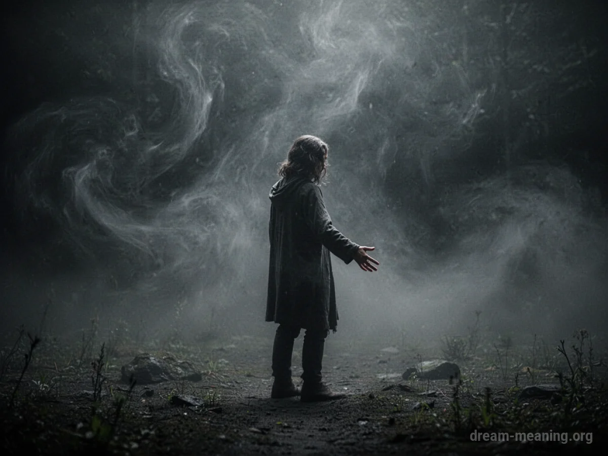 A person surrounded by dark, swirling mist.