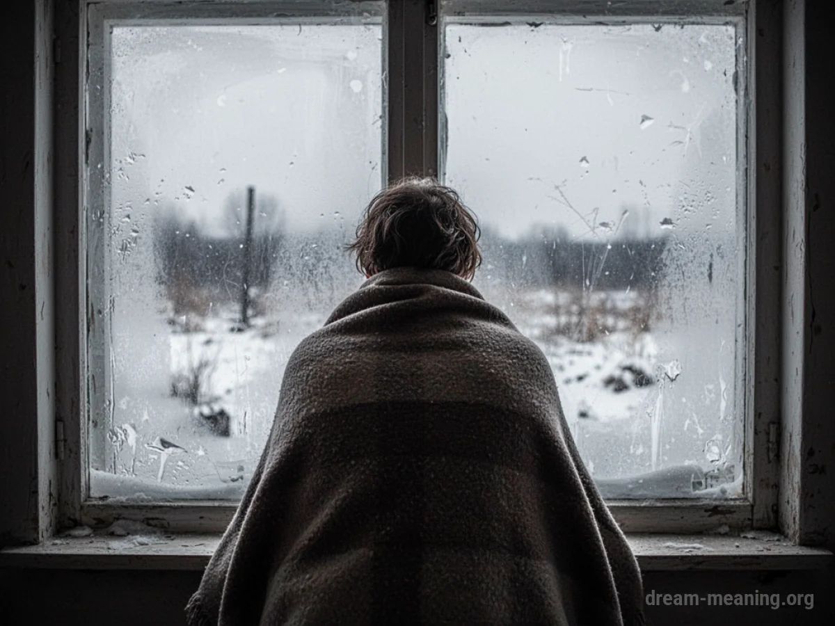 A person wrapped in a blanket looking out a window at snow.