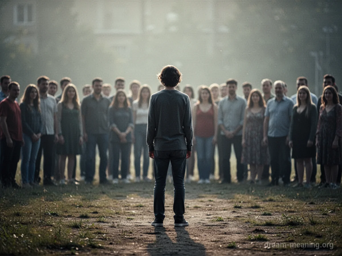 A lone person separated from a crowd.