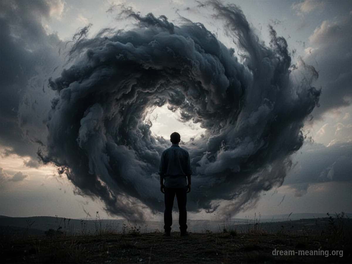 Silhouette of a person standing before a large, dark, swirling cloud.