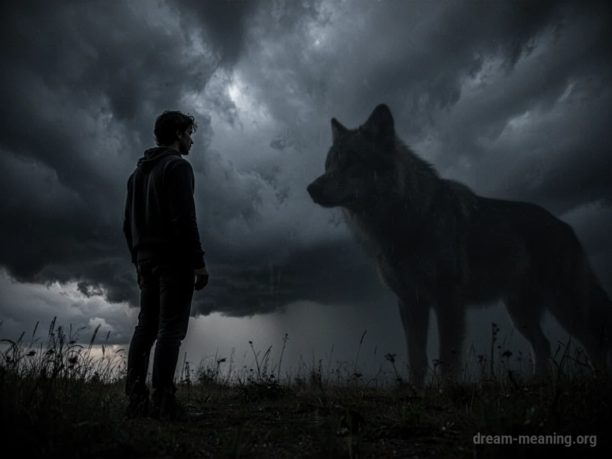 Silhouette of a person facing a shadowy animal shape.