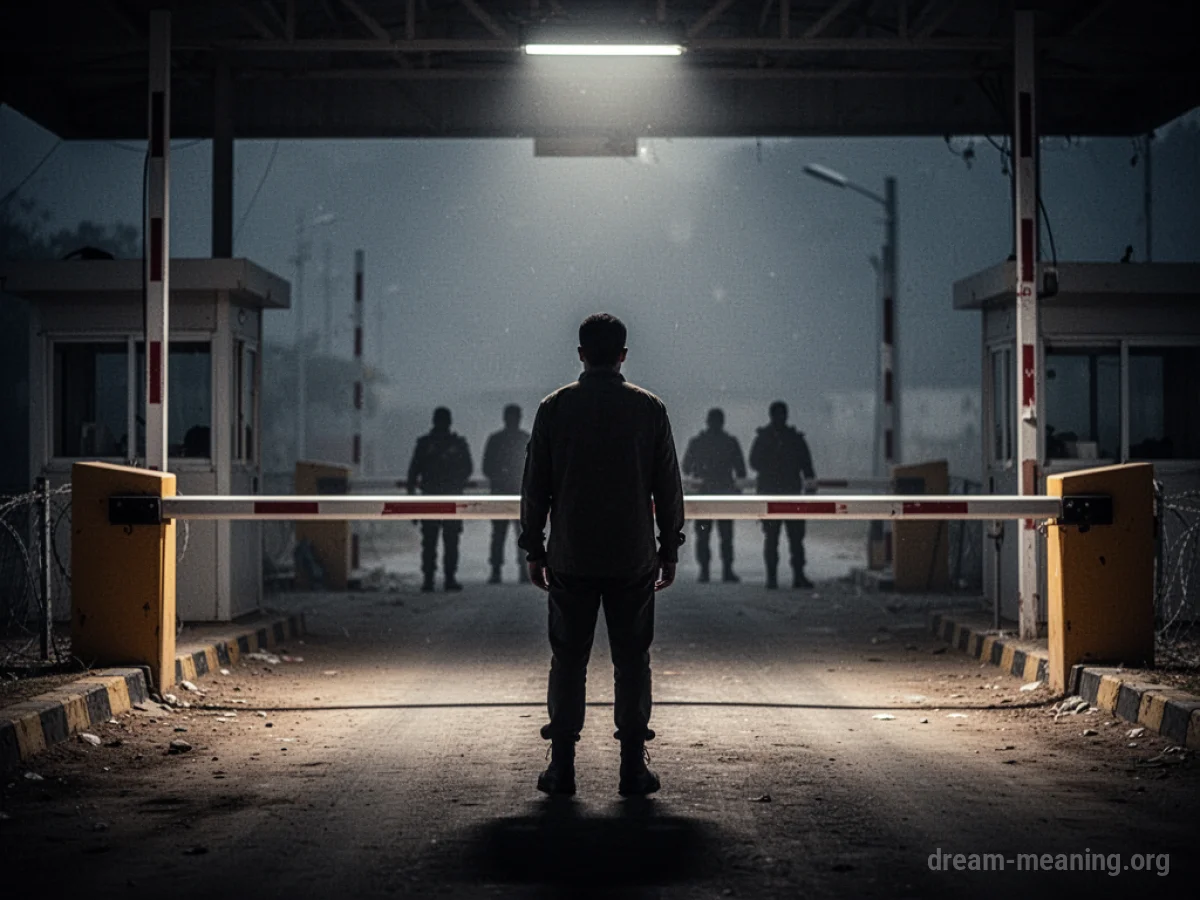 A person facing a barrier at a checkpoint with distant figures.