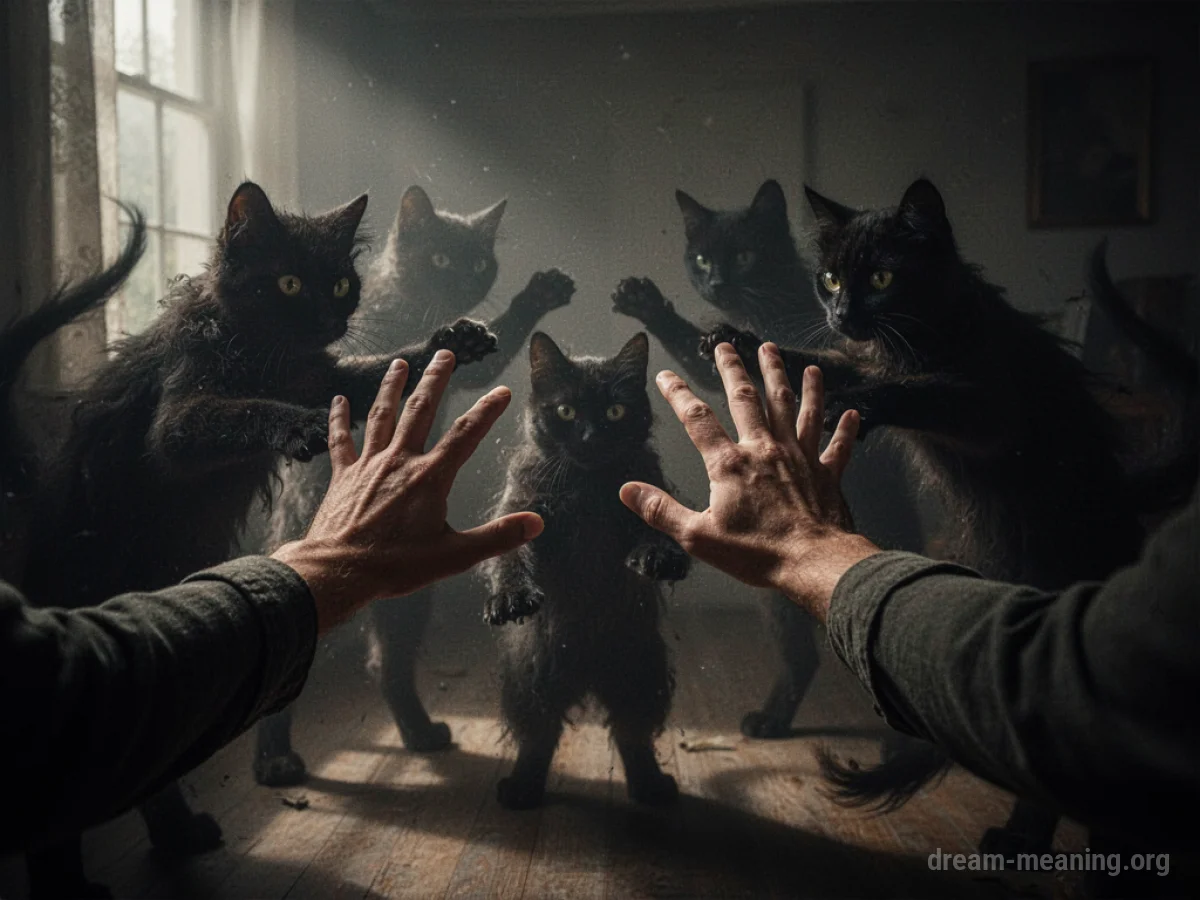 Hands warding off dark cat silhouettes.