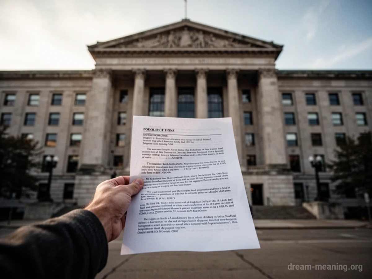 A hand holding a document in front of a large building.