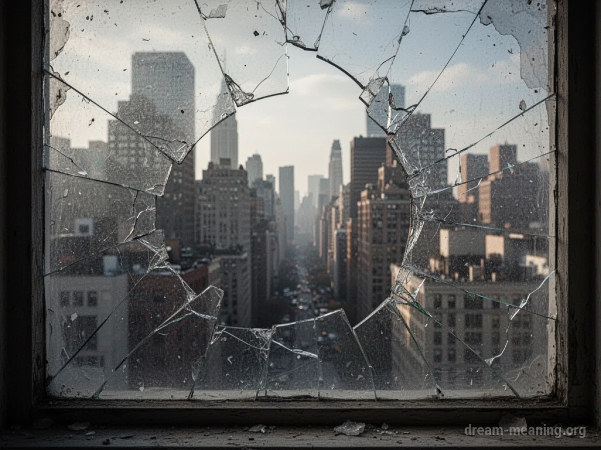 A city skyline visible through a fractured window.