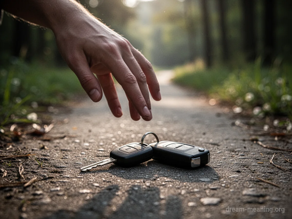 A hand reaching for car keys on a path.
