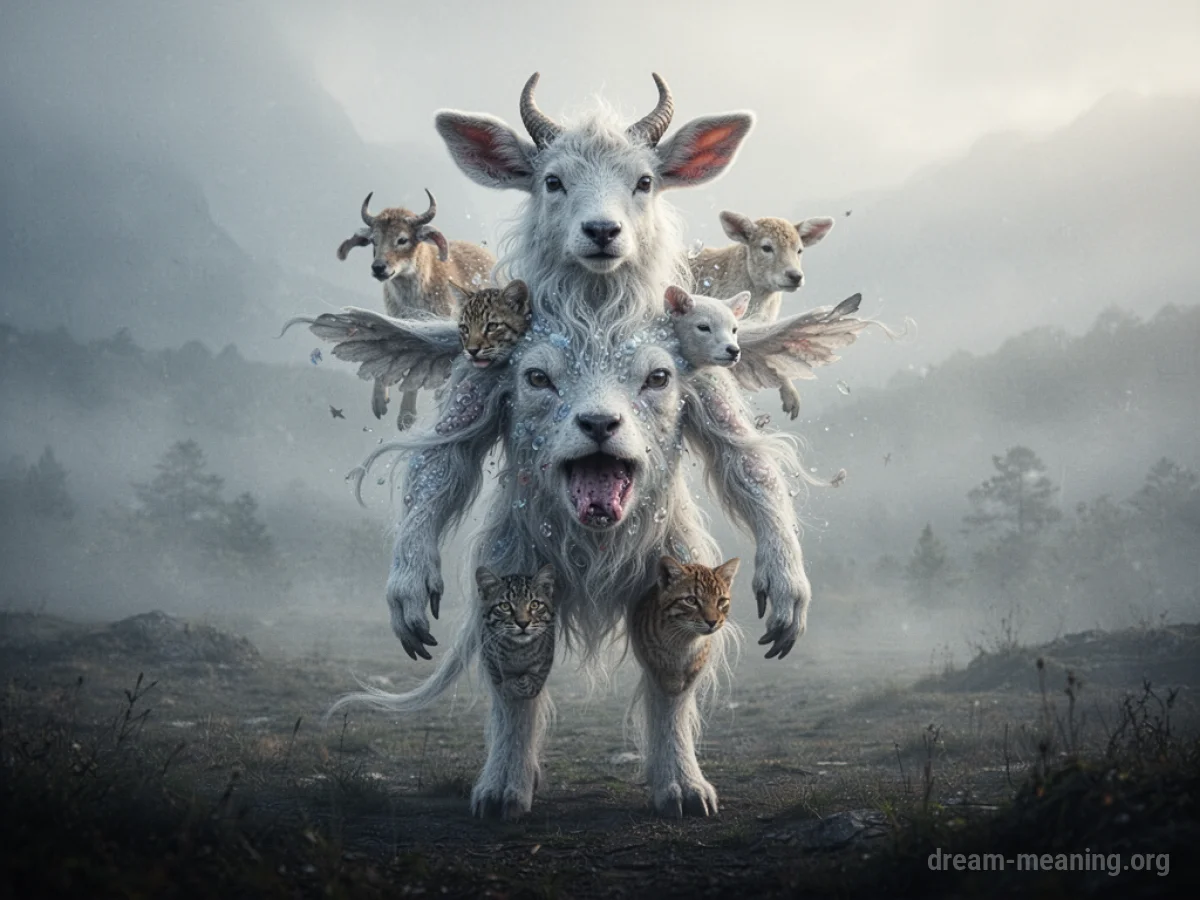 An ethereal creature made of multiple animal parts in a misty landscape.