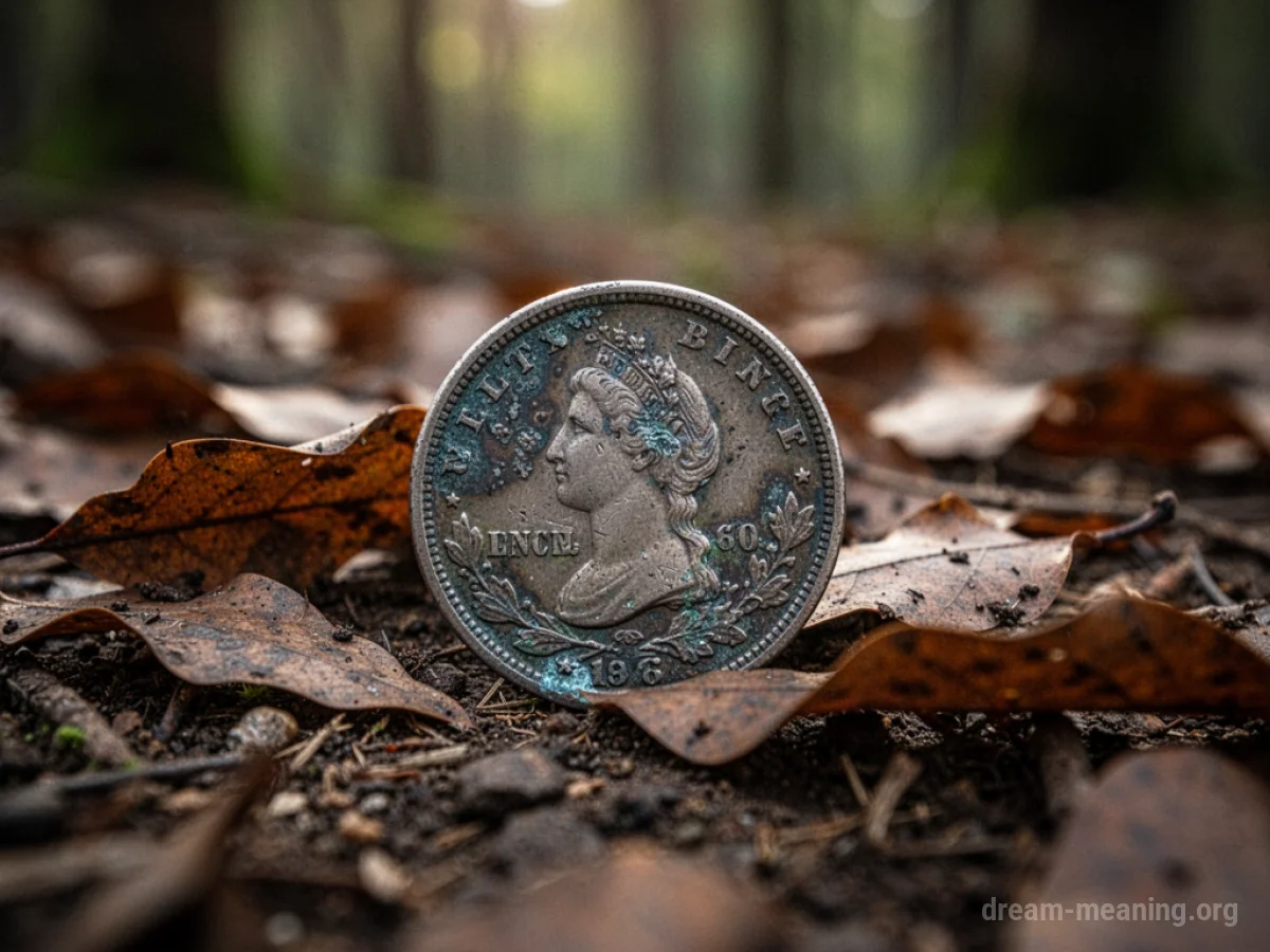 A coin lying amongst leaves on the ground.
