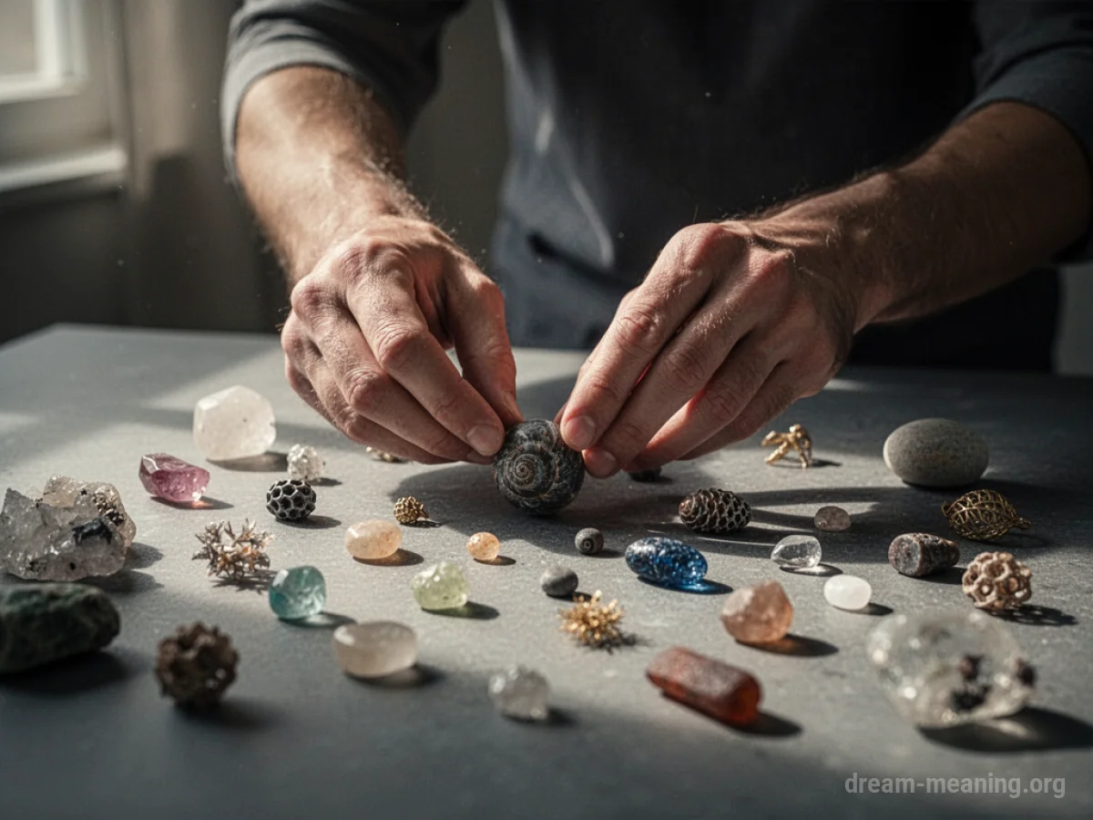 Hands arranging small objects on a table.