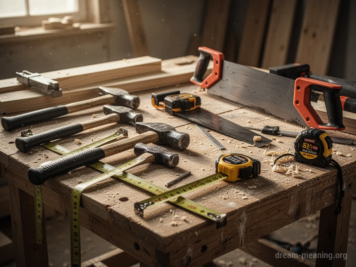 A collection of construction tools laid out on a wooden surface.