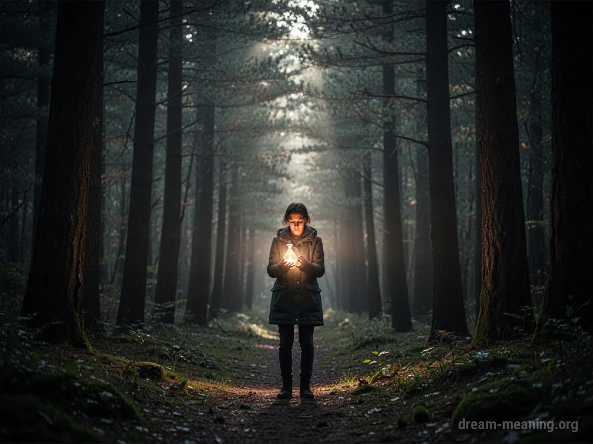 Silhouette of a person holding a glowing vial.