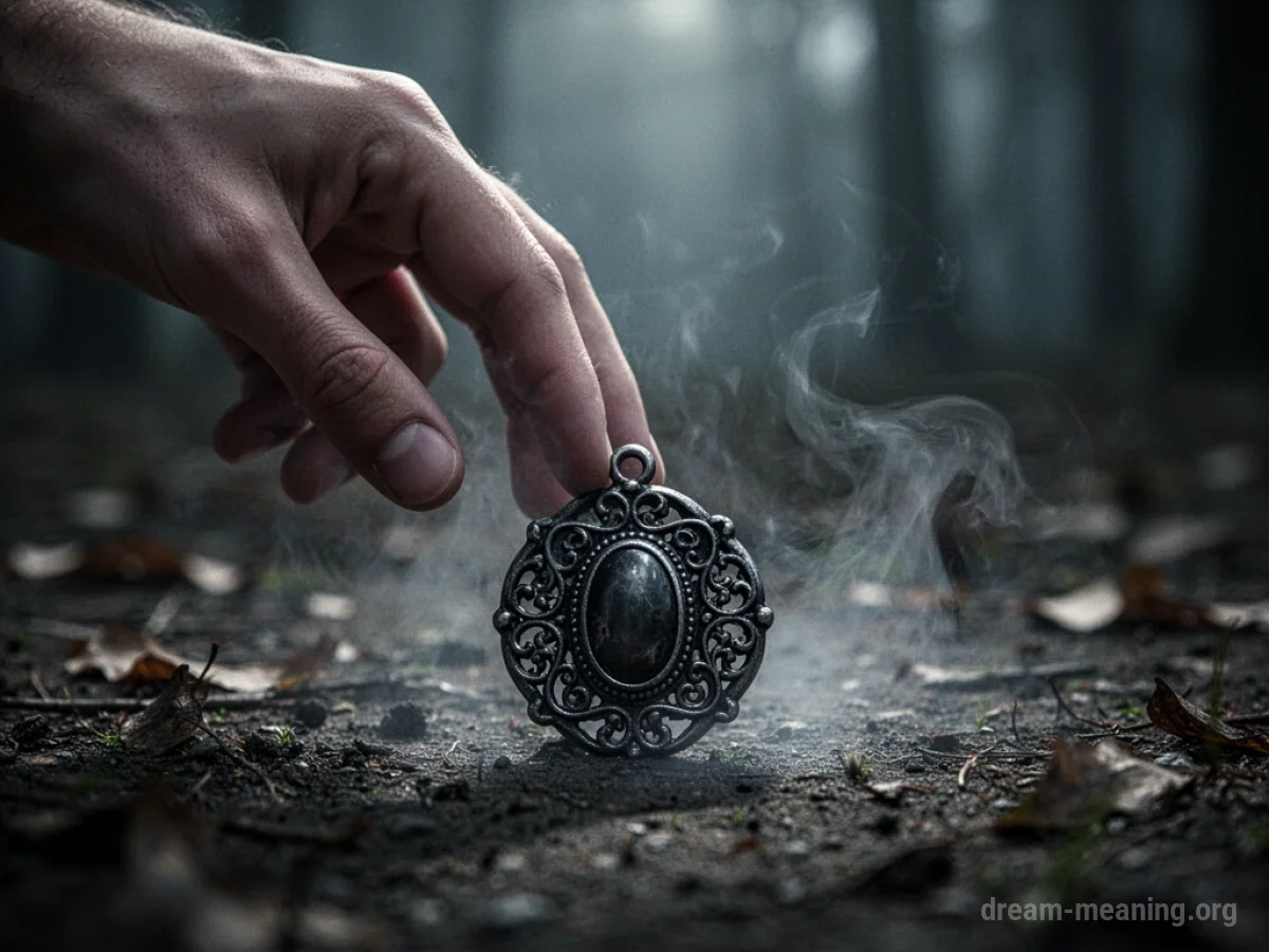 A hand reaching towards a dark, ornate charm on the ground with mist around it.