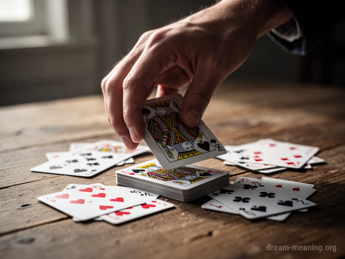 A hand reaching to pick up a deck of playing cards.