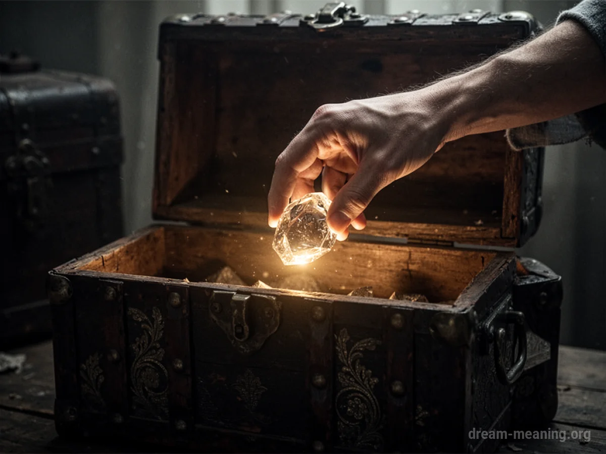 A hand reaching into a dark chest and lifting a bright object.