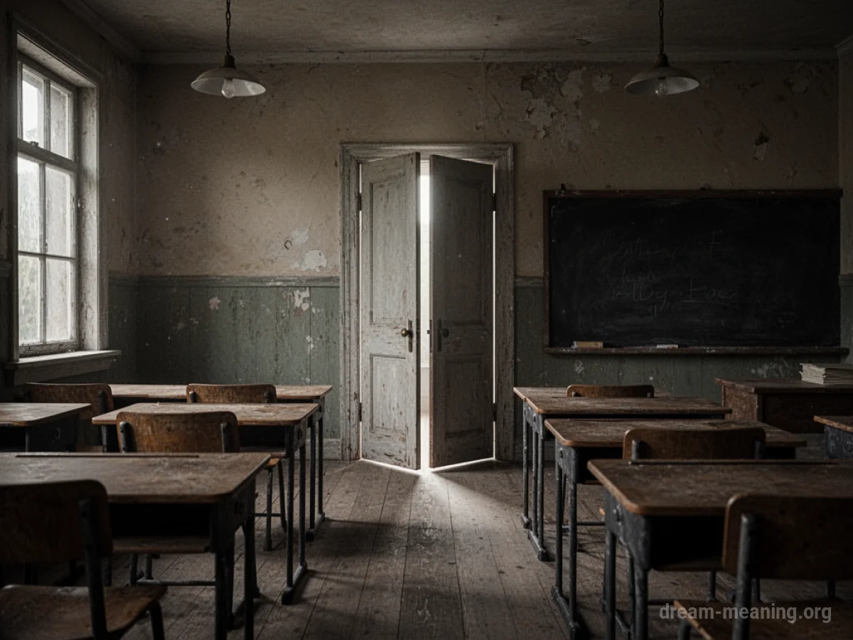 A classroom with a partially open door revealing a bright space.