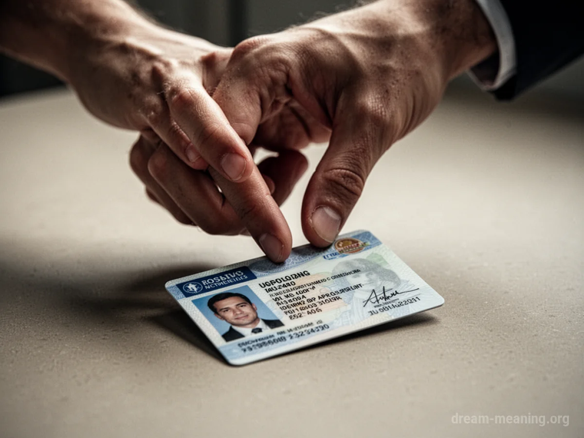 A hand reaching for an ID card on a flat surface.