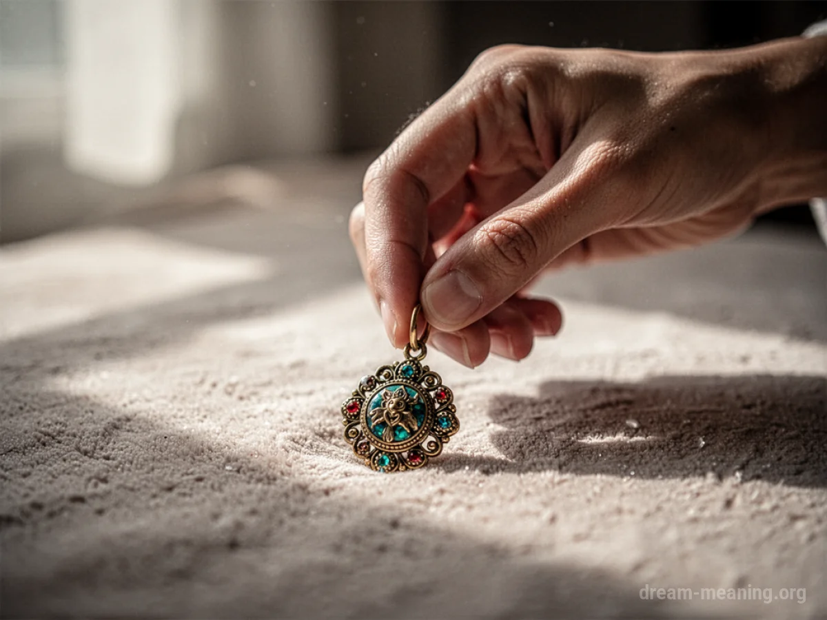 A hand reaching for a small charm on a surface.