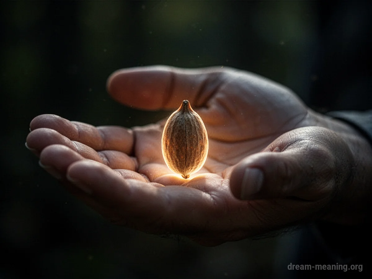 A hand holding a luminous seed.