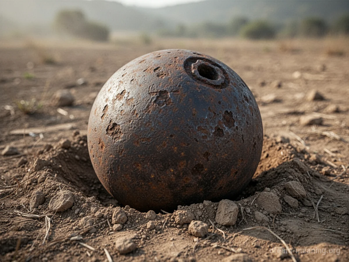 An old cannonball partially submerged in dirt.