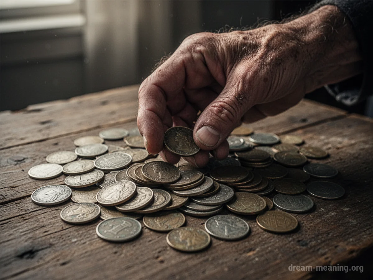 A hand holding several old, tarnished coins.