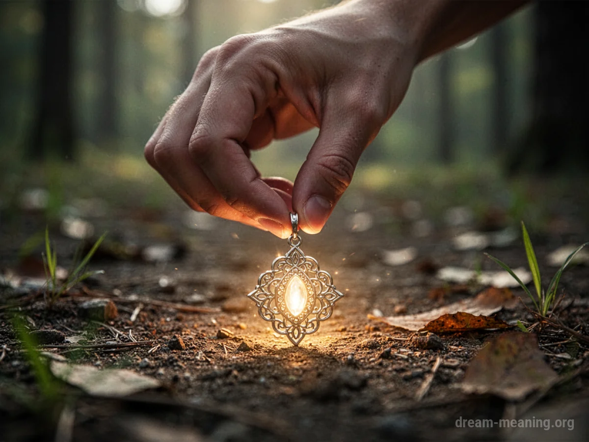A hand reaching for a glowing charm on the ground.