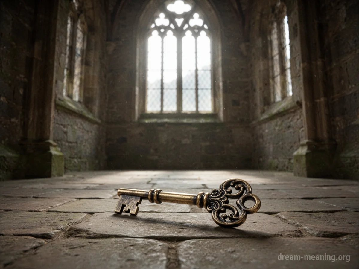 An antique key lies on the stone floor of a castle tower.
