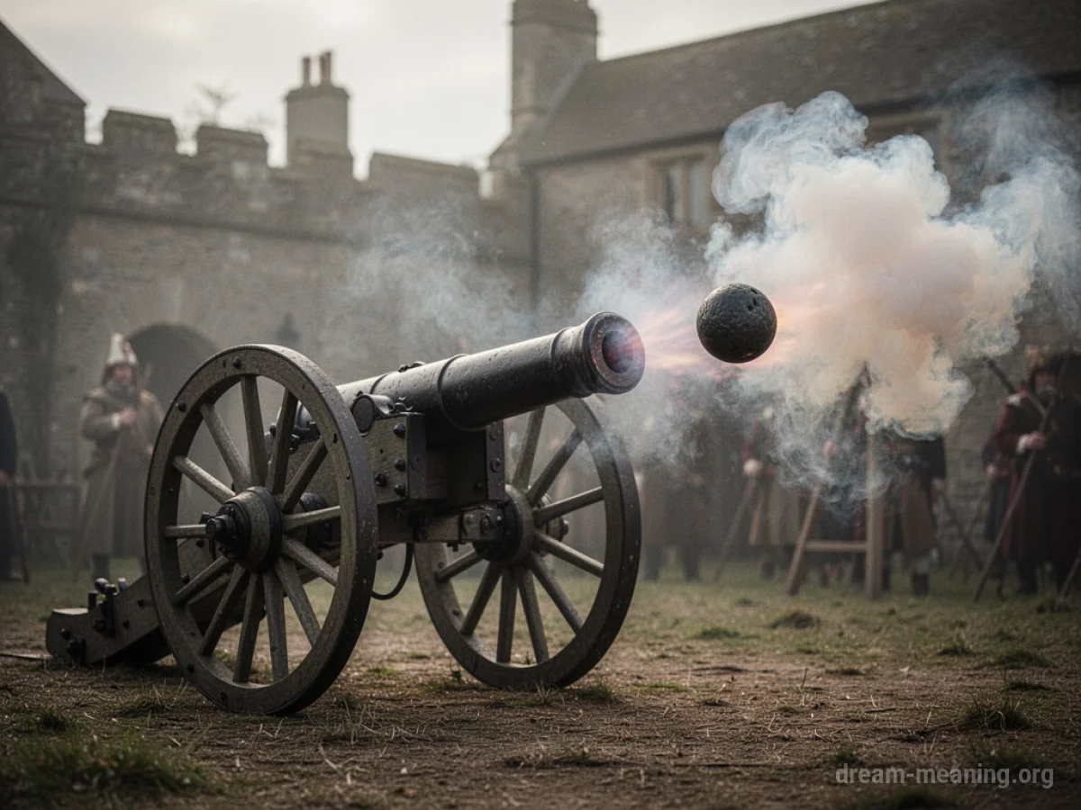 A cannon firing a cannonball, with a plume of smoke emerging from the barrel.