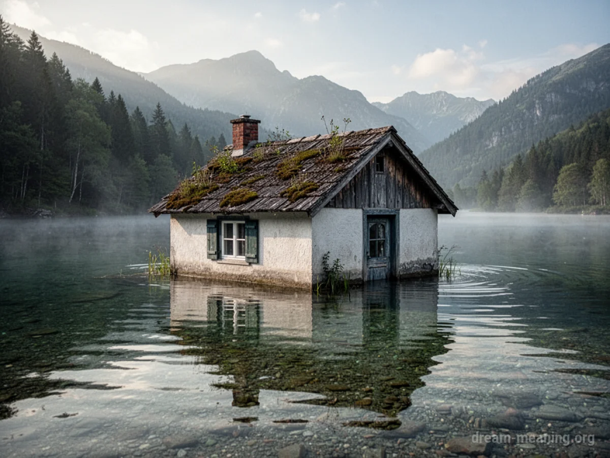 A small cottage with its lower half submerged in clear water.
