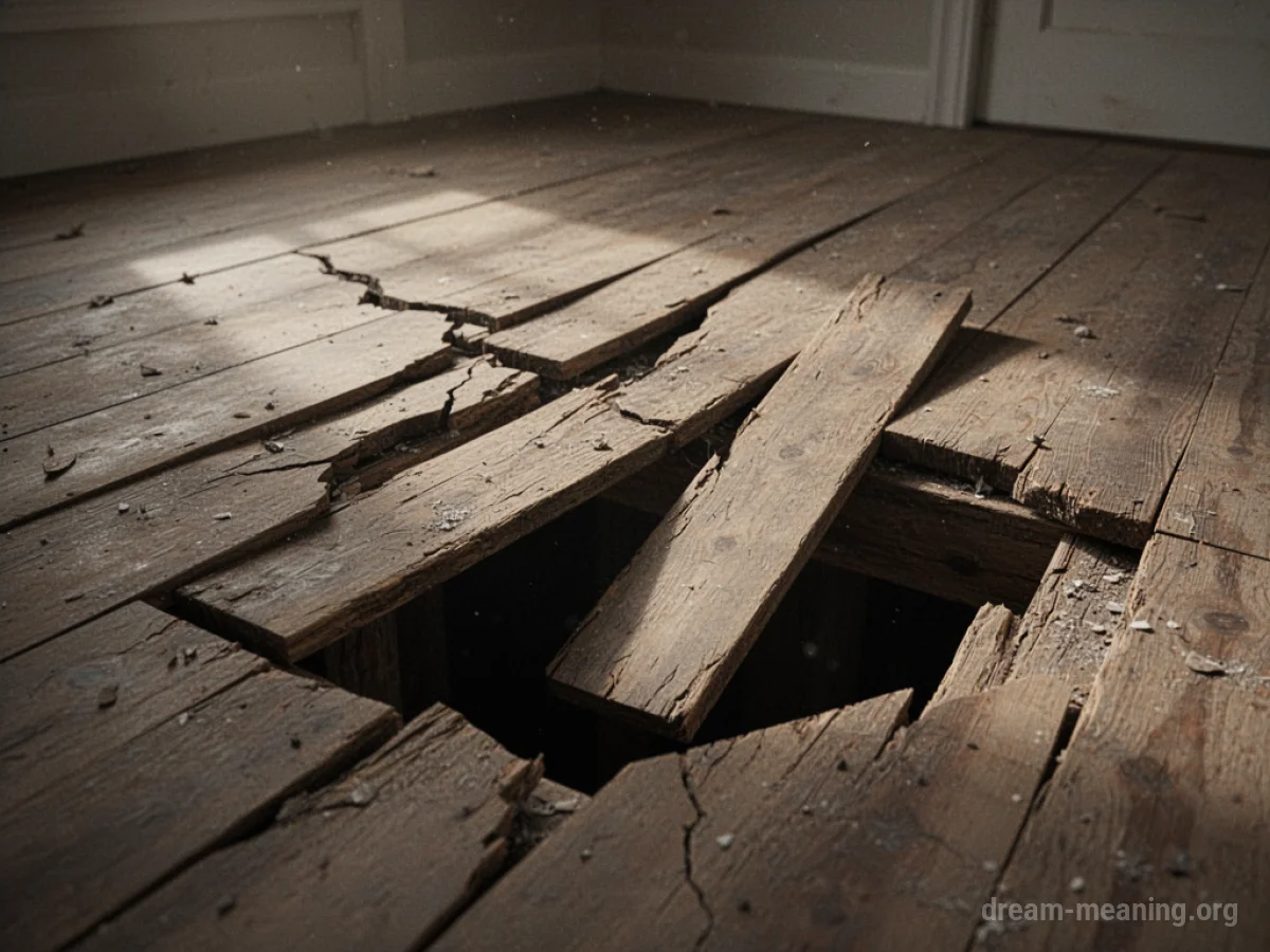 A wooden floor cracking and tilting downwards.