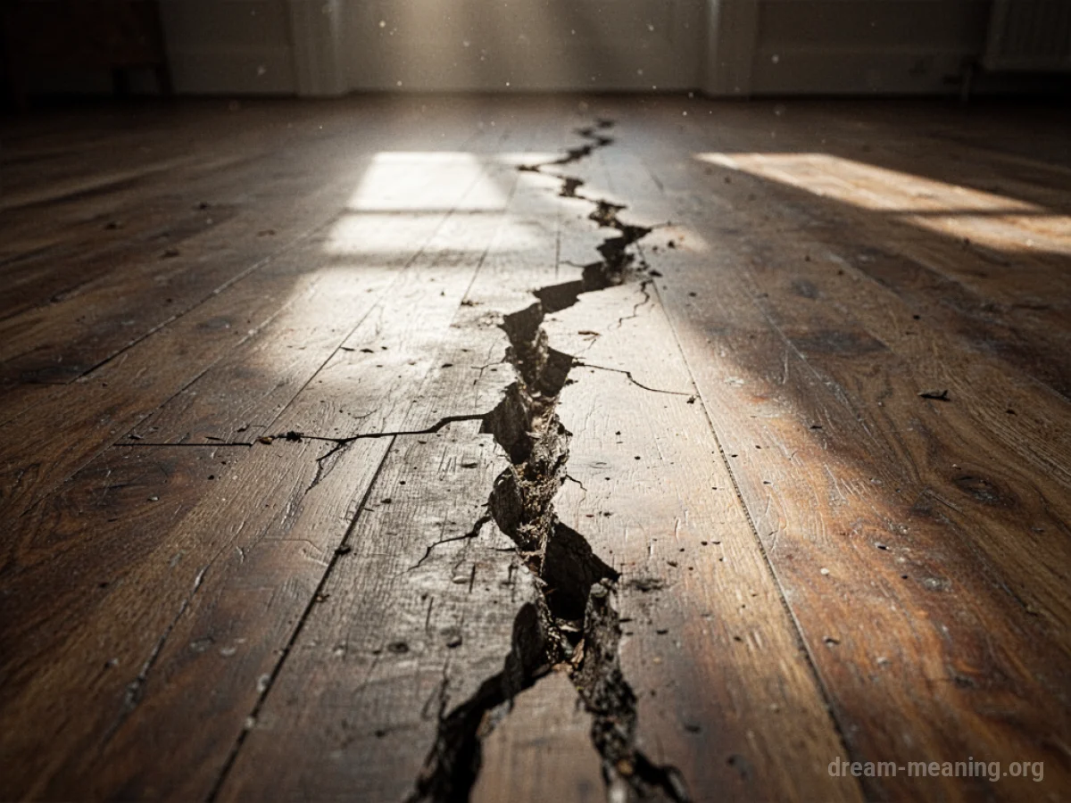 A close-up view of a wooden floor with a visible crack splitting the planks.
