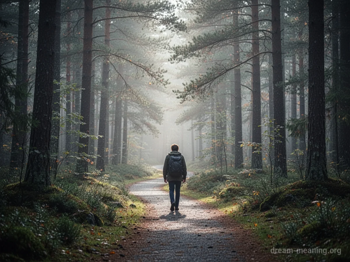 A person's silhouette walking down a path into a forest.