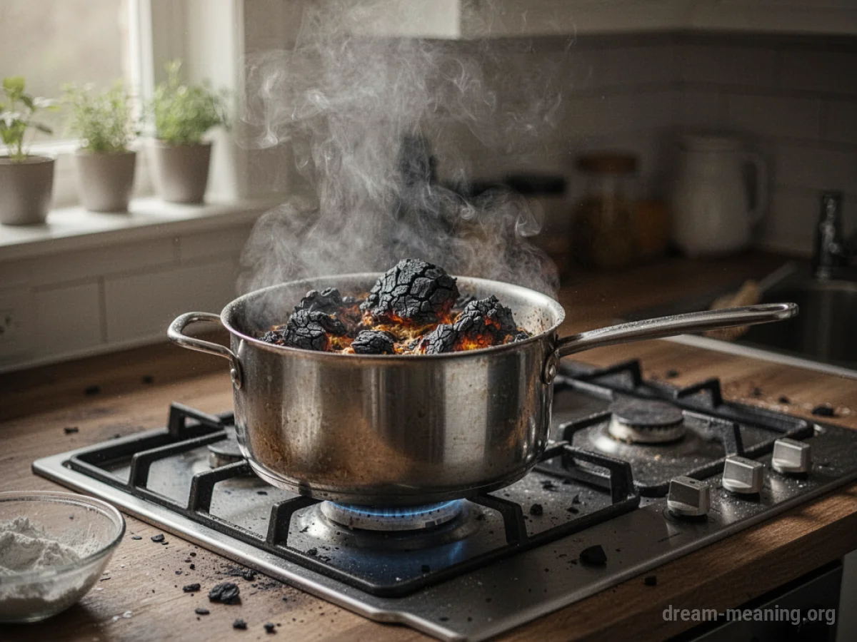 Smoke billowing from a pot of burning food on a stovetop.