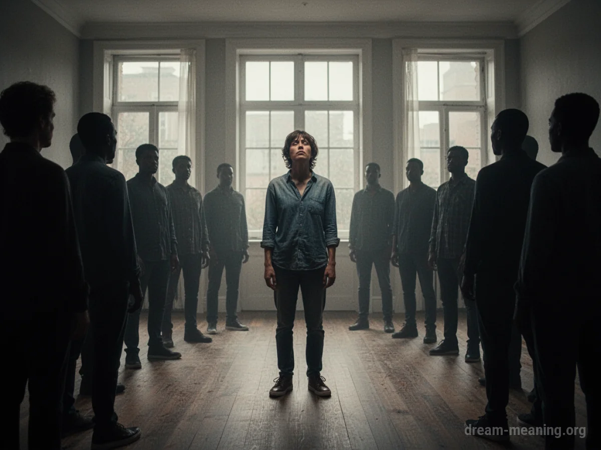Silhouette figures in a room observing a single person.