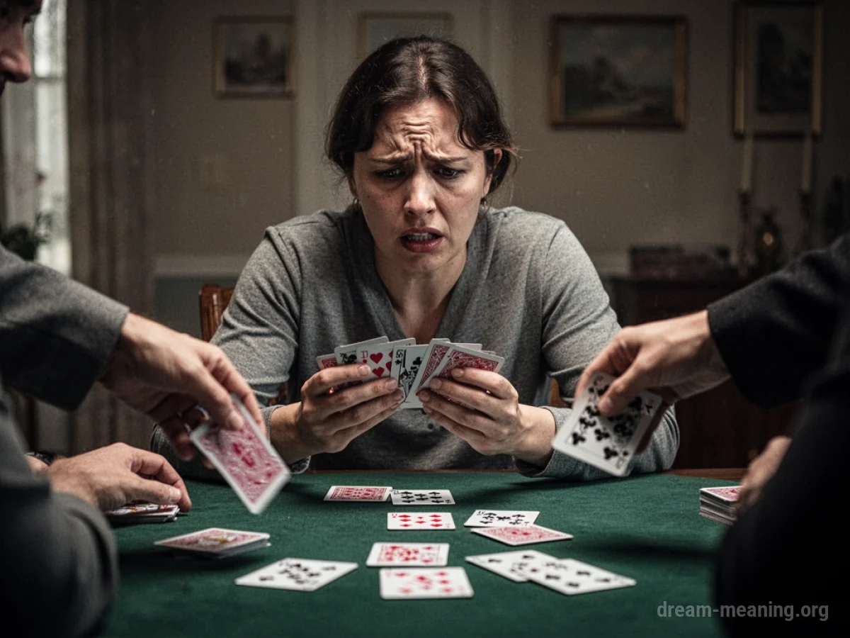 A person looks unhappy while cards are placed on a table in front of them.
