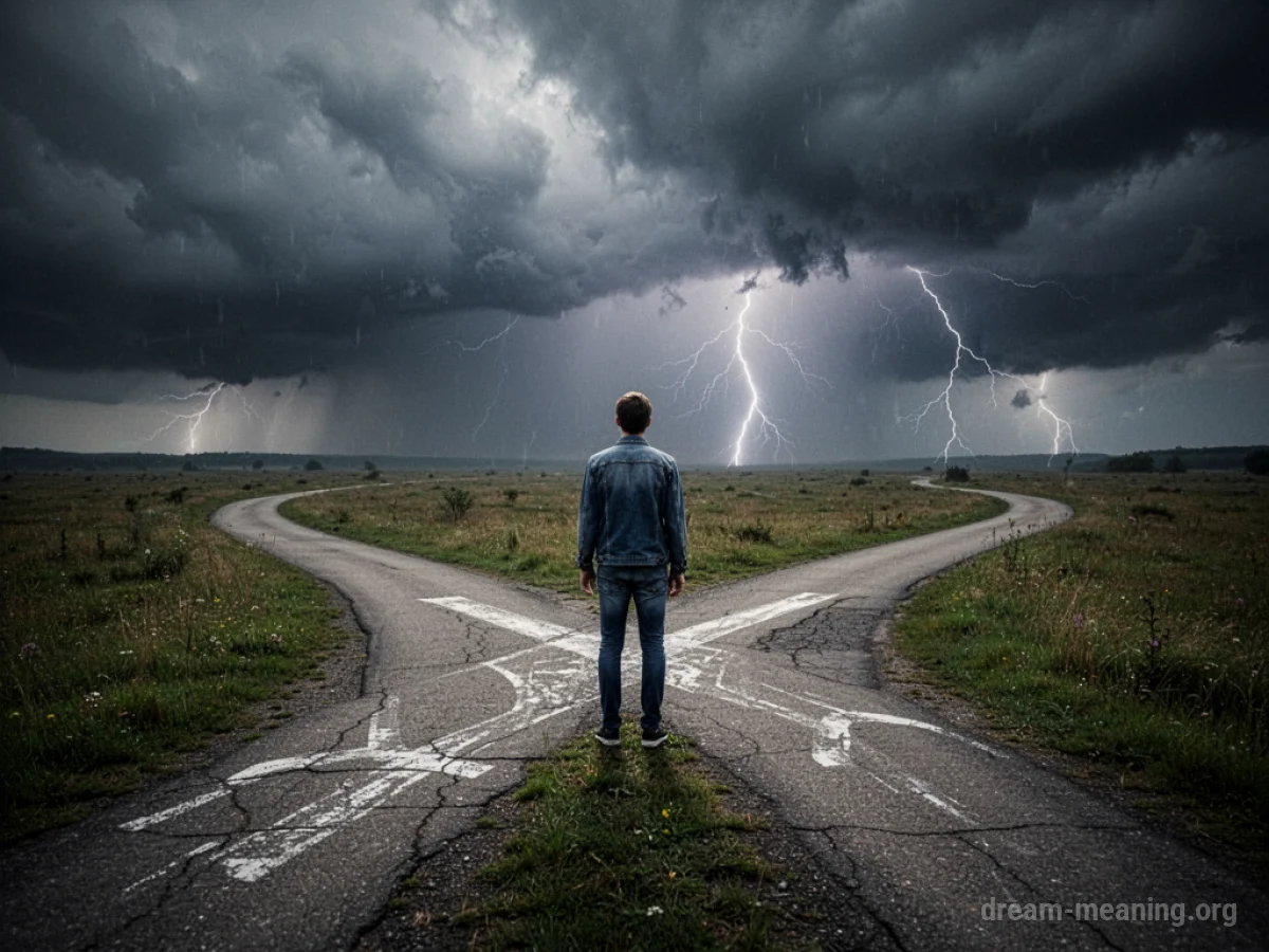 A person stands at a fork in the road with two paths leading away.