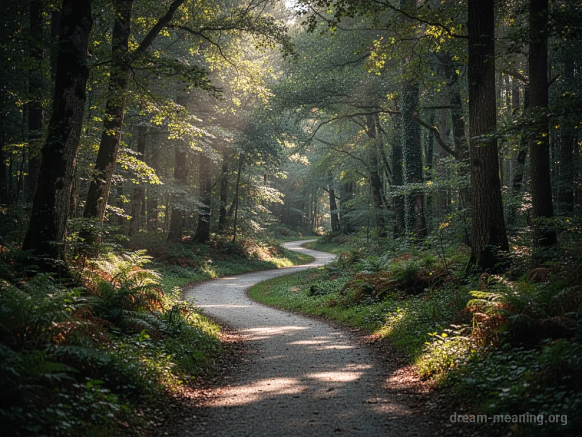 A fork in a forest path with trees on either side.