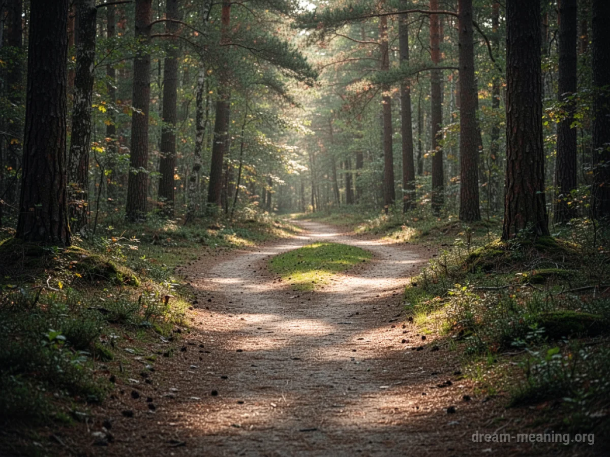 A dirt path divides into two separate trails in a wooded area.