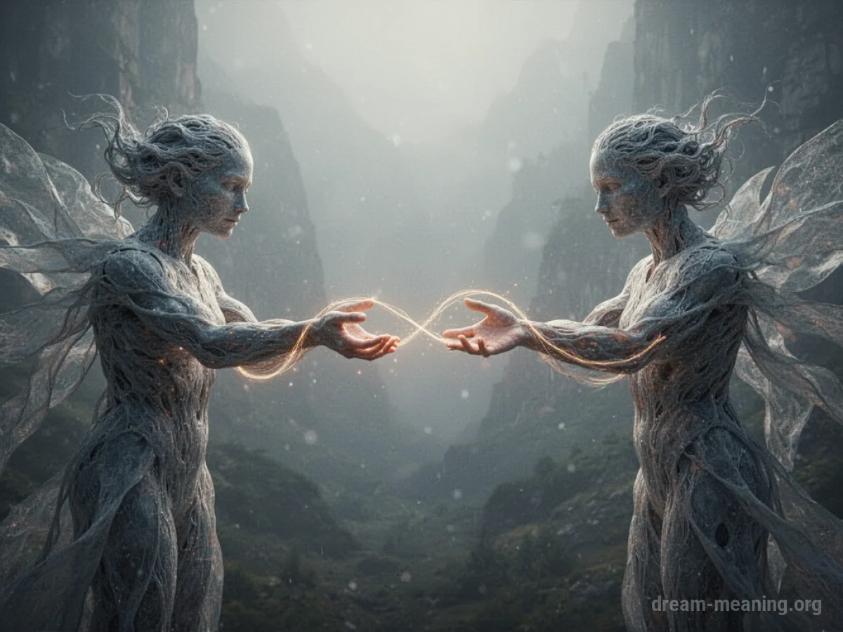 Two abstract figures with a connecting thread.