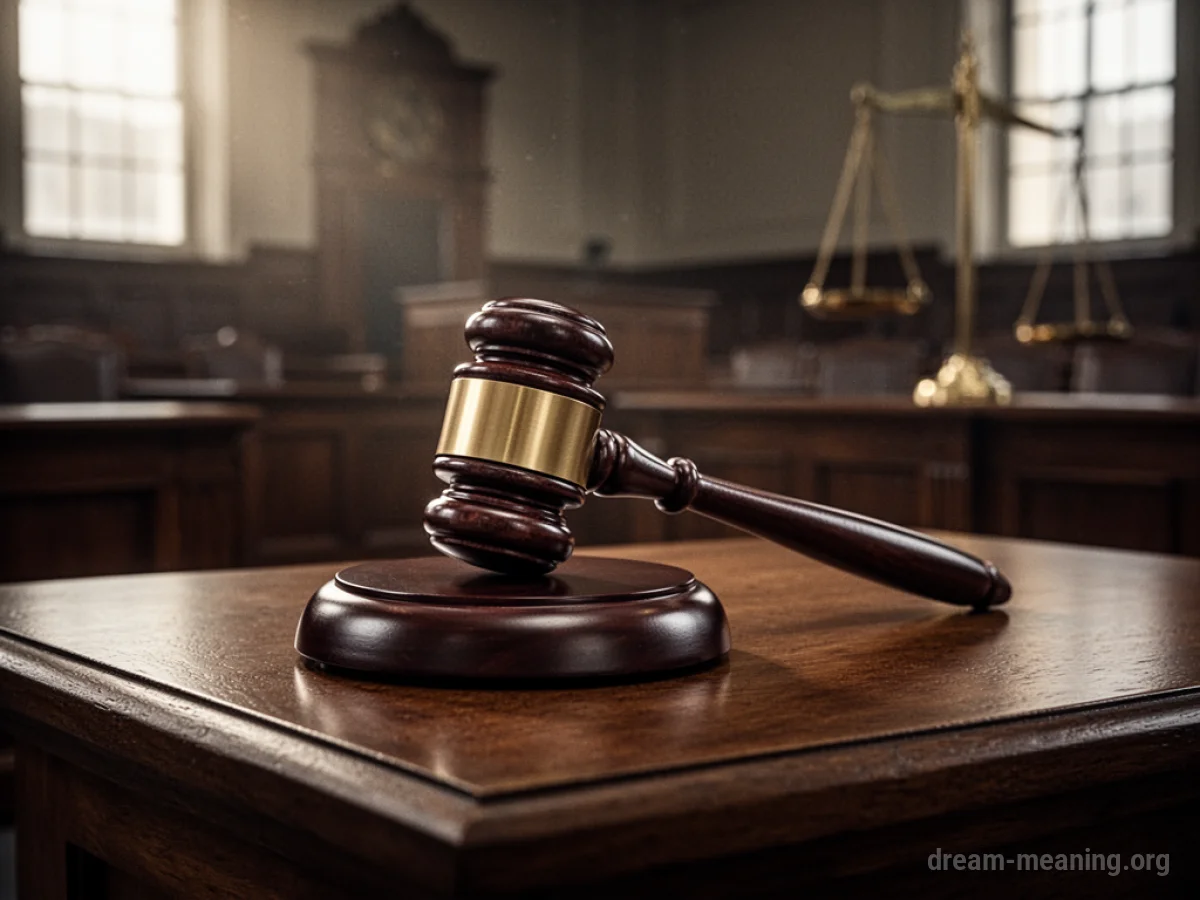 A wooden gavel placed on a polished wooden desk.