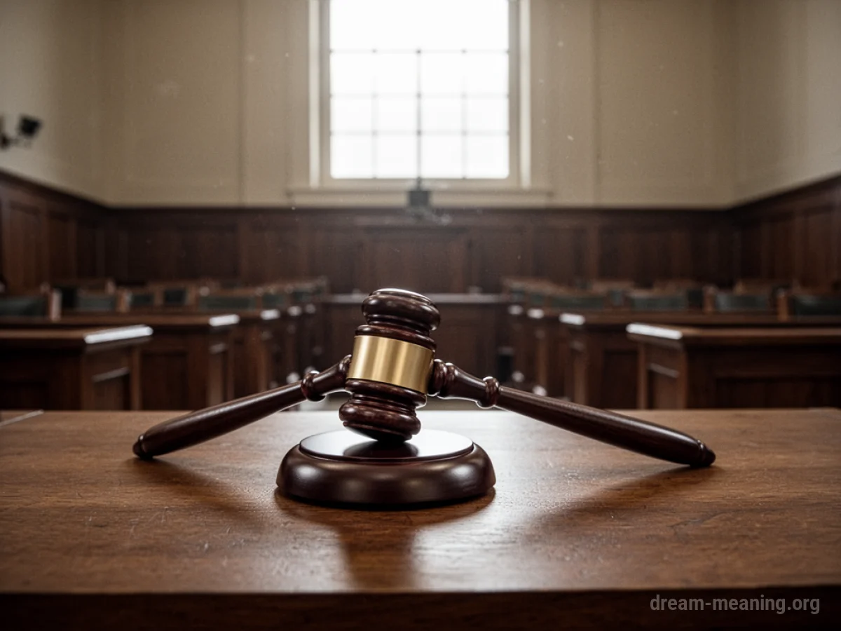 A wooden gavel on a judge's bench in an empty courtroom.