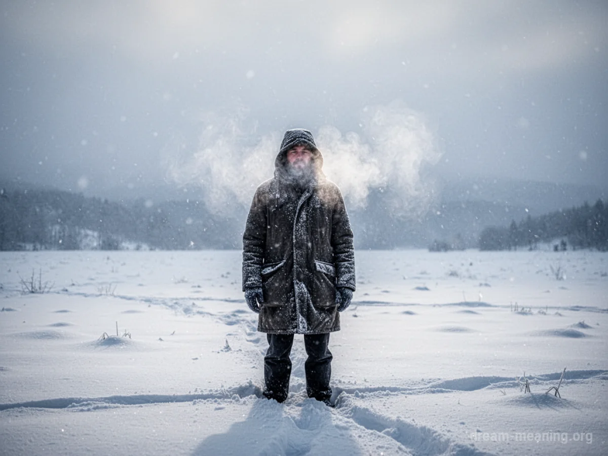 A person standing alone in a desolate, snow-covered area with frosty breath.