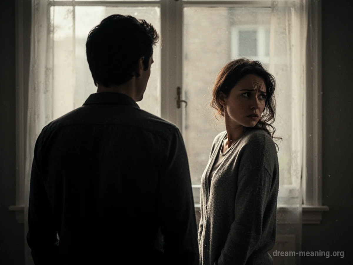 Silhouette of one person turning away from another person.