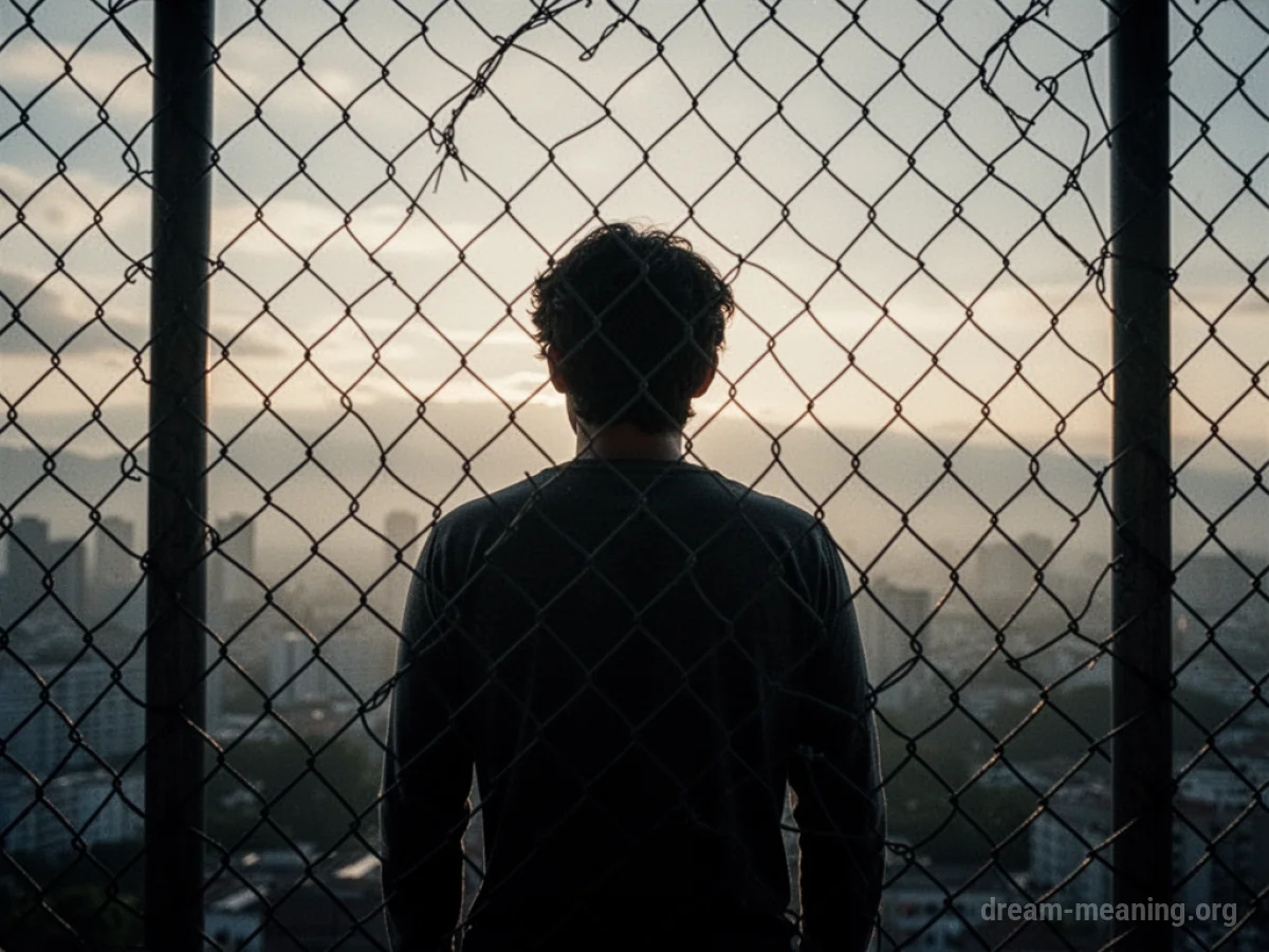 Silhouette of a person visible through a chain-link fence.