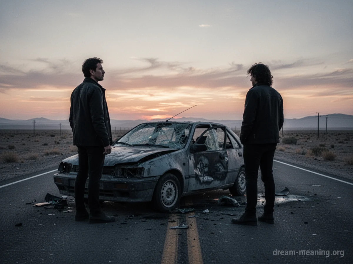 Silhouettes of two people and a damaged car on a dark road.