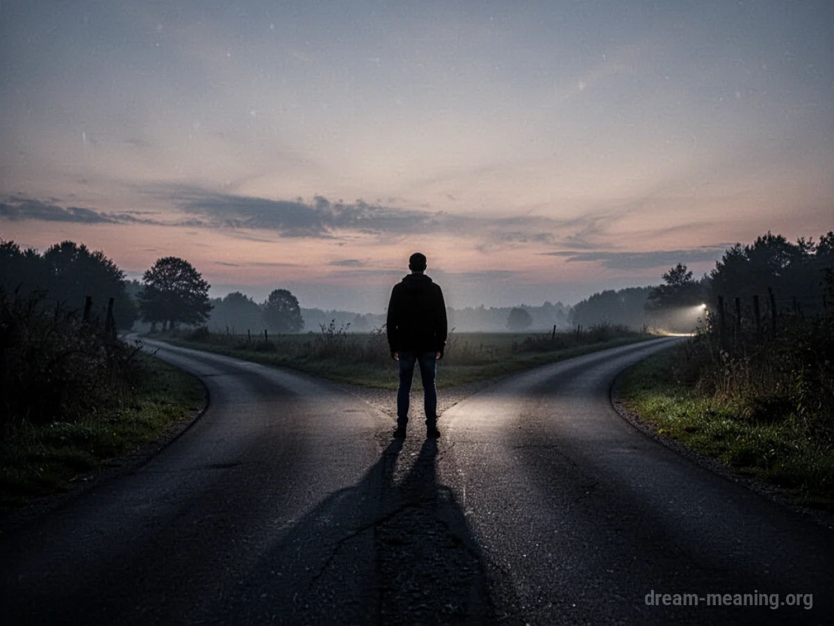 A lone figure stands at a fork in a road.