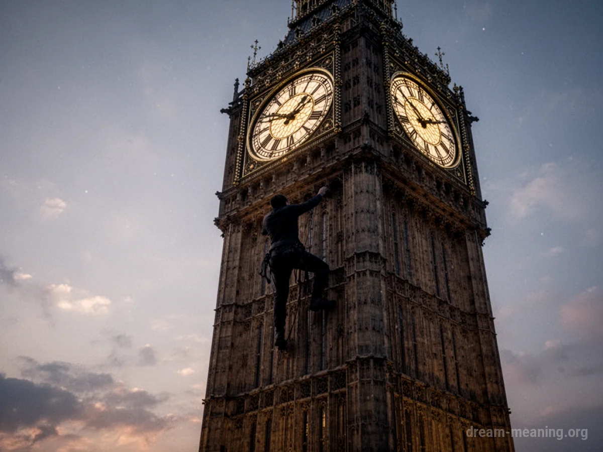 Silhouette of a figure ascending the side of a tall clock tower.