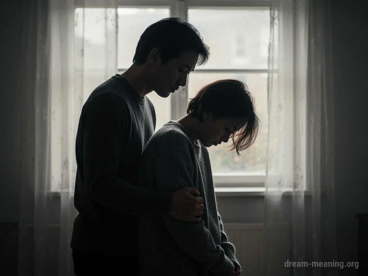 Silhouette of one person supporting another person who is slumping.